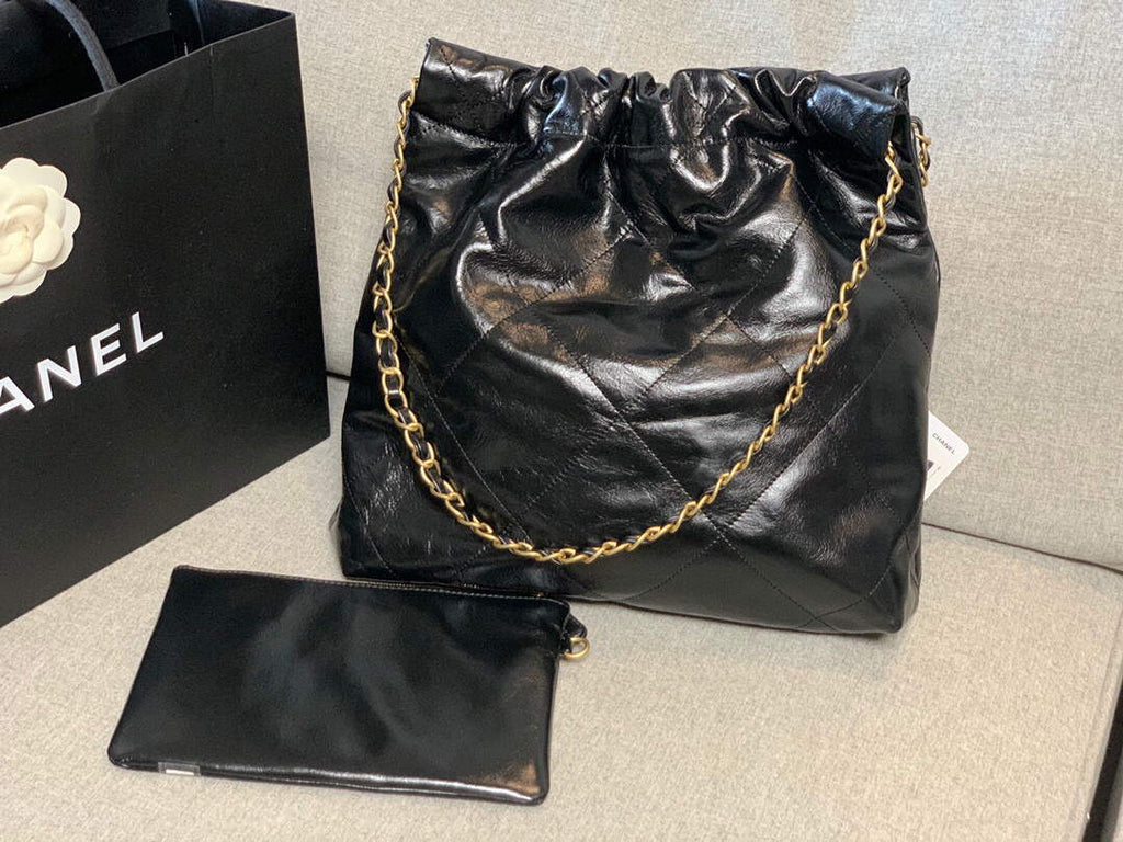 Chanel 22 Small Handbag Shiny Calfskin AS3260 Black Gold