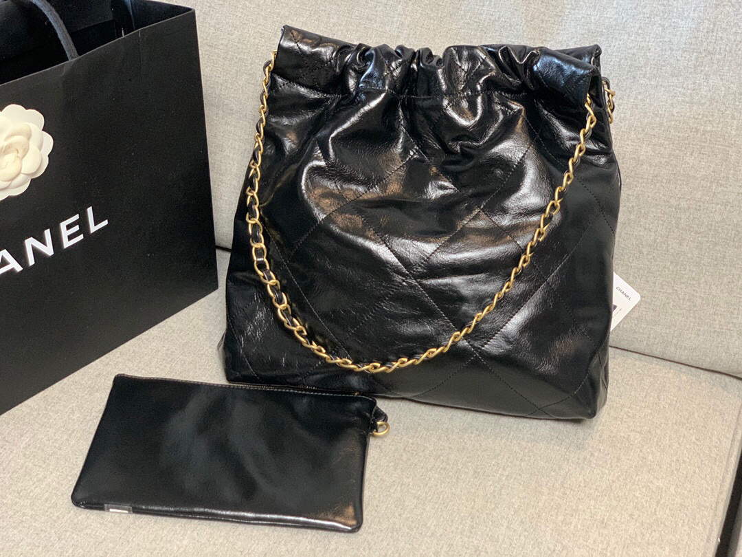 Chanel 22 Small Handbag Shiny Calfskin AS3260 Black Gold