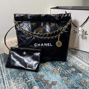 Chanel 22 Small Handbag Shiny Calfskin AS3260 Black Gold with White logo - Default Title - View 1