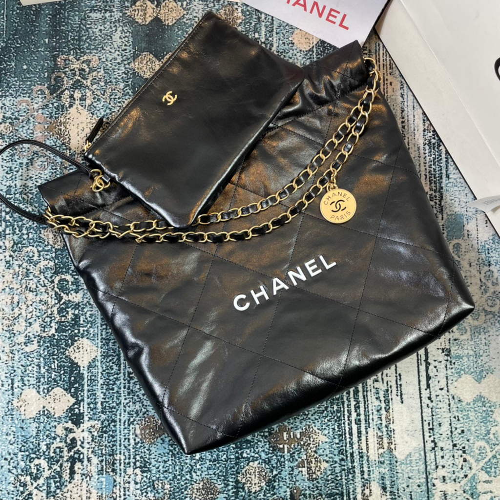 Chanel 22 Small Handbag Shiny Calfskin AS3260 Black Gold with White logo