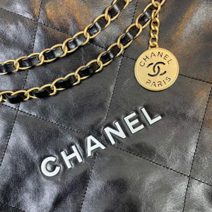 Chanel 22 Small Handbag Shiny Calfskin AS3260 Black Gold with White logo - Default Title - View 6