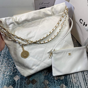 Chanel 22 Small Handbag Shiny Calfskin AS3260 White Gold with Black logo - Default Title - View 4