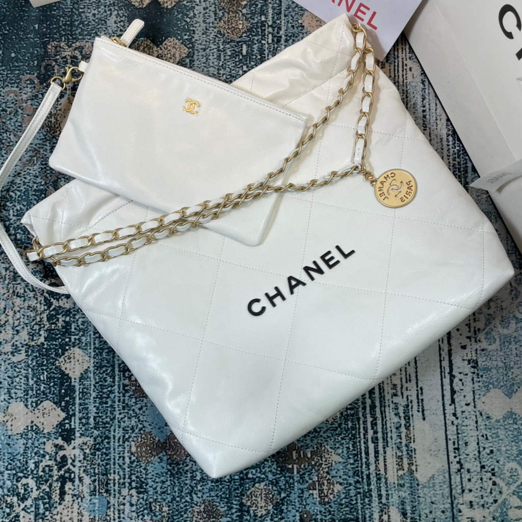 Chanel 22 Small Handbag Shiny Calfskin AS3260 White Gold with Black logo