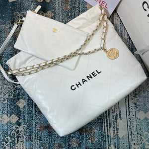 Chanel 22 Small Handbag Shiny Calfskin AS3260 White Gold with Black logo - Default Title - View 5