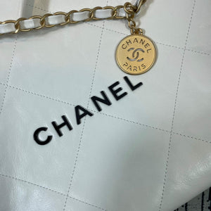 Chanel 22 Small Handbag Shiny Calfskin AS3260 White Gold with Black logo - Default Title - View 6