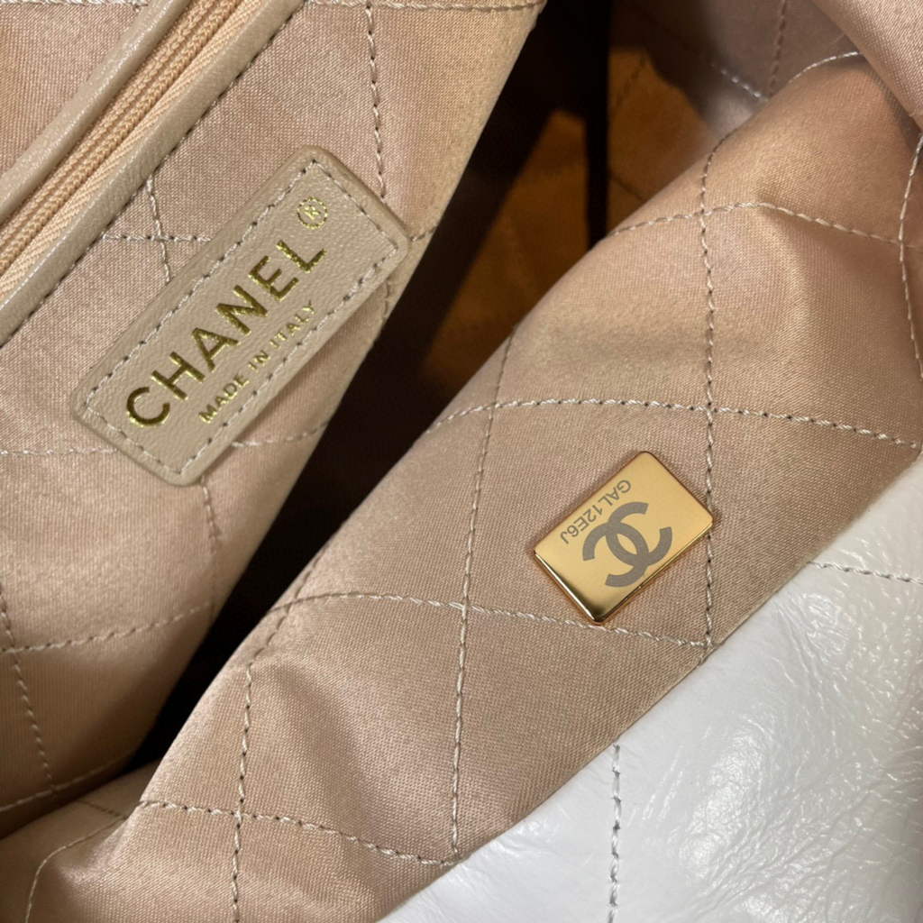 Chanel 22 Small Handbag Shiny Calfskin AS3260 White Gold with Black logo