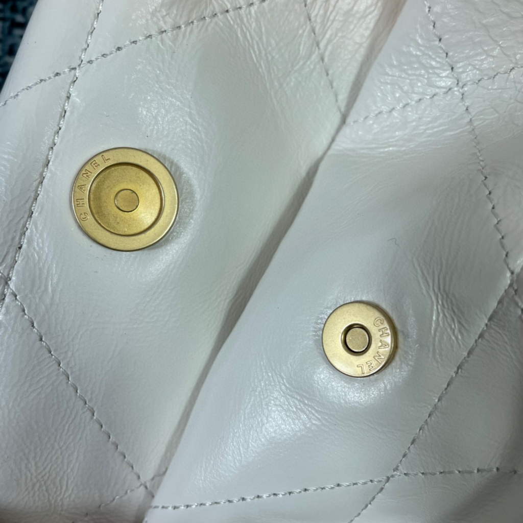 Chanel 22 Small Handbag Shiny Calfskin AS3260 White Gold with Black logo