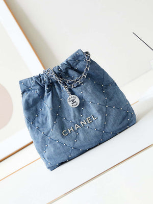 Chanel 22 Small Handbag Washed Denim & Silver-Tone Metal AS3260 Blue - Default Title - View 1