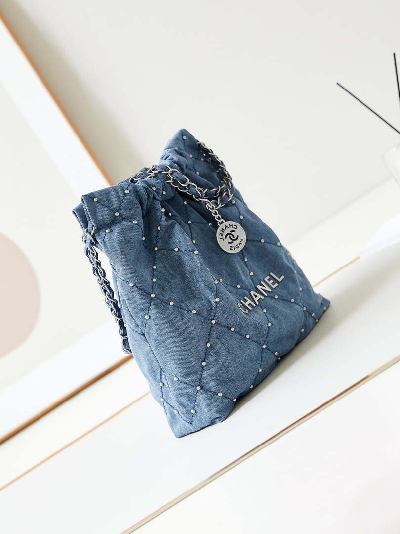 Chanel 22 Small Handbag Washed Denim & Silver-Tone Metal AS3260 Blue - Default Title - View 3