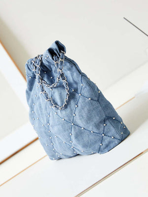Chanel 22 Small Handbag Washed Denim & Silver-Tone Metal AS3260 Blue - Default Title - View 4