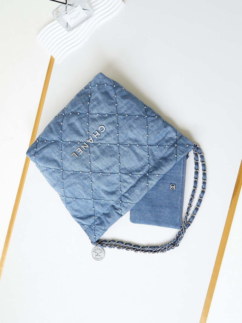 Chanel 22 Small Handbag Washed Denim & Silver-Tone Metal AS3260 Blue - Default Title - View 7