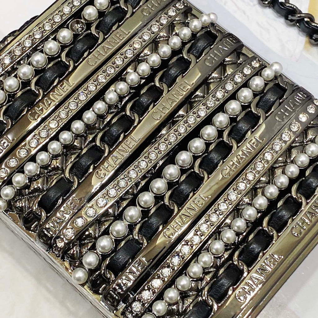Chanel 22K Evening Bag With Pearls Black and Silver