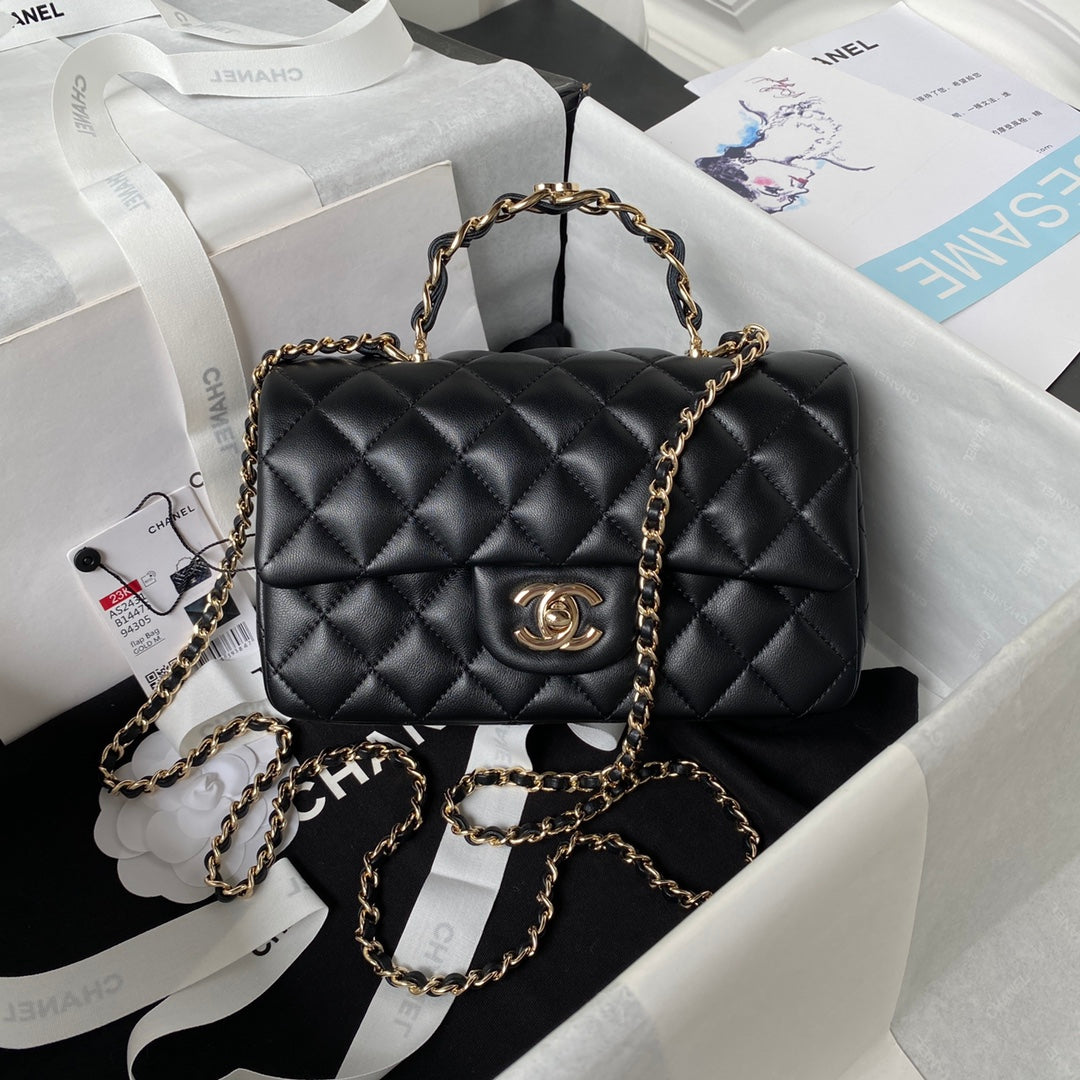 Chanel 23K AS2431 Mini flap Lambskin bag with top handle Black - Default Title - View 1