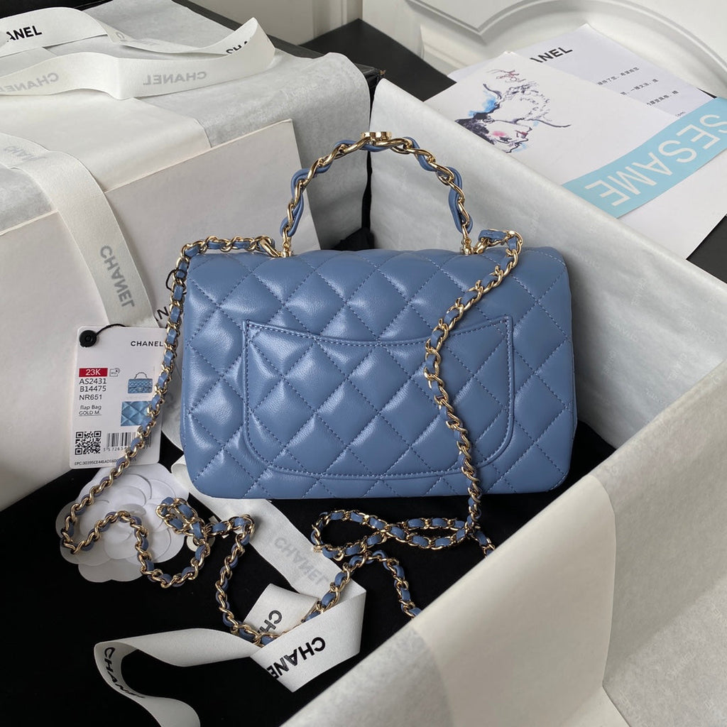 Chanel 23K AS2431 Mini flap Lambskin bag with top handle Blue