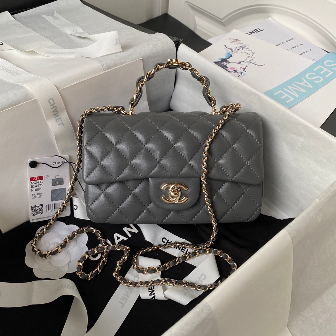 Chanel 23K AS2431 Mini flap Lambskin bag with top handle Gray - Default Title - View 1