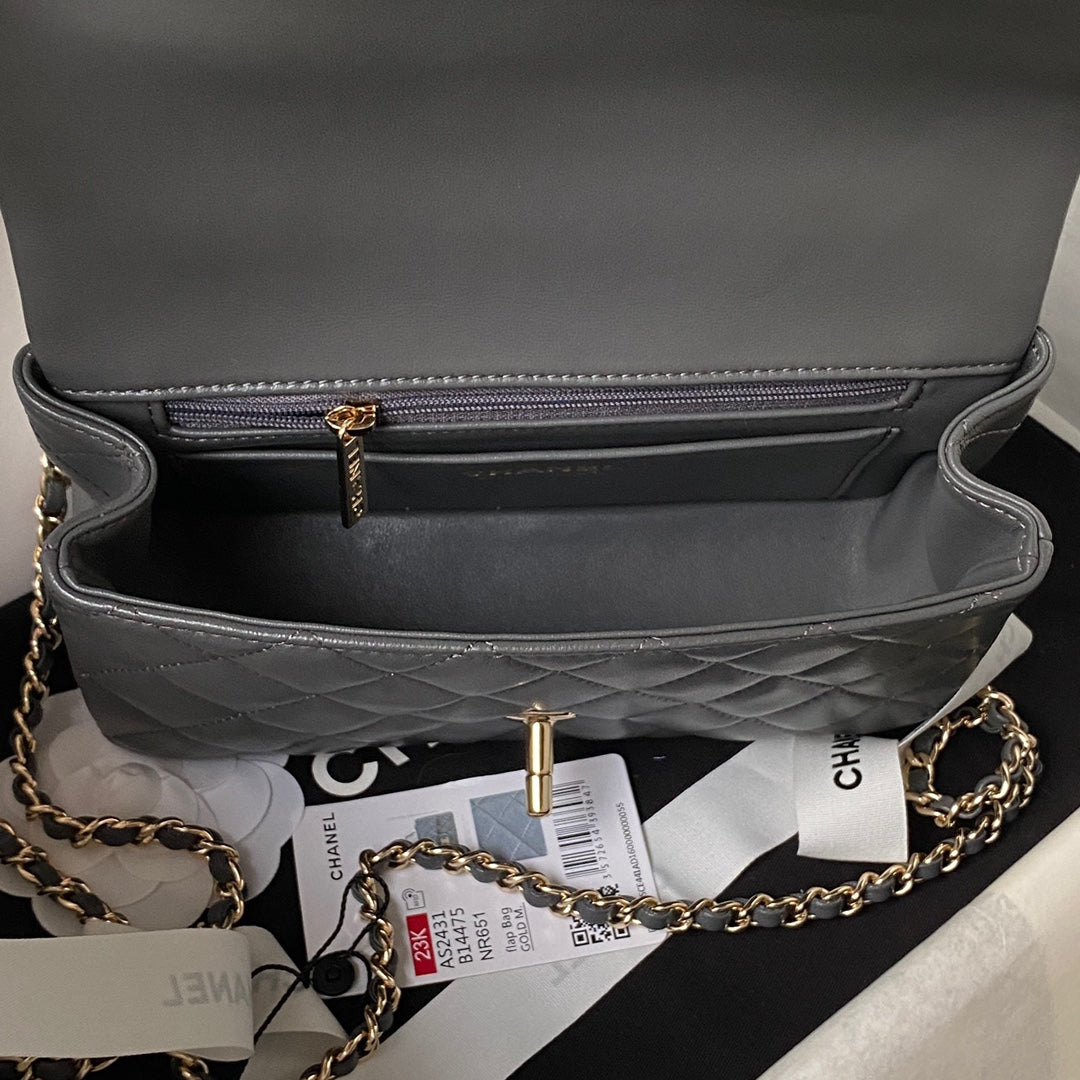 Chanel 23K AS2431 Mini flap Lambskin bag with top handle Gray
