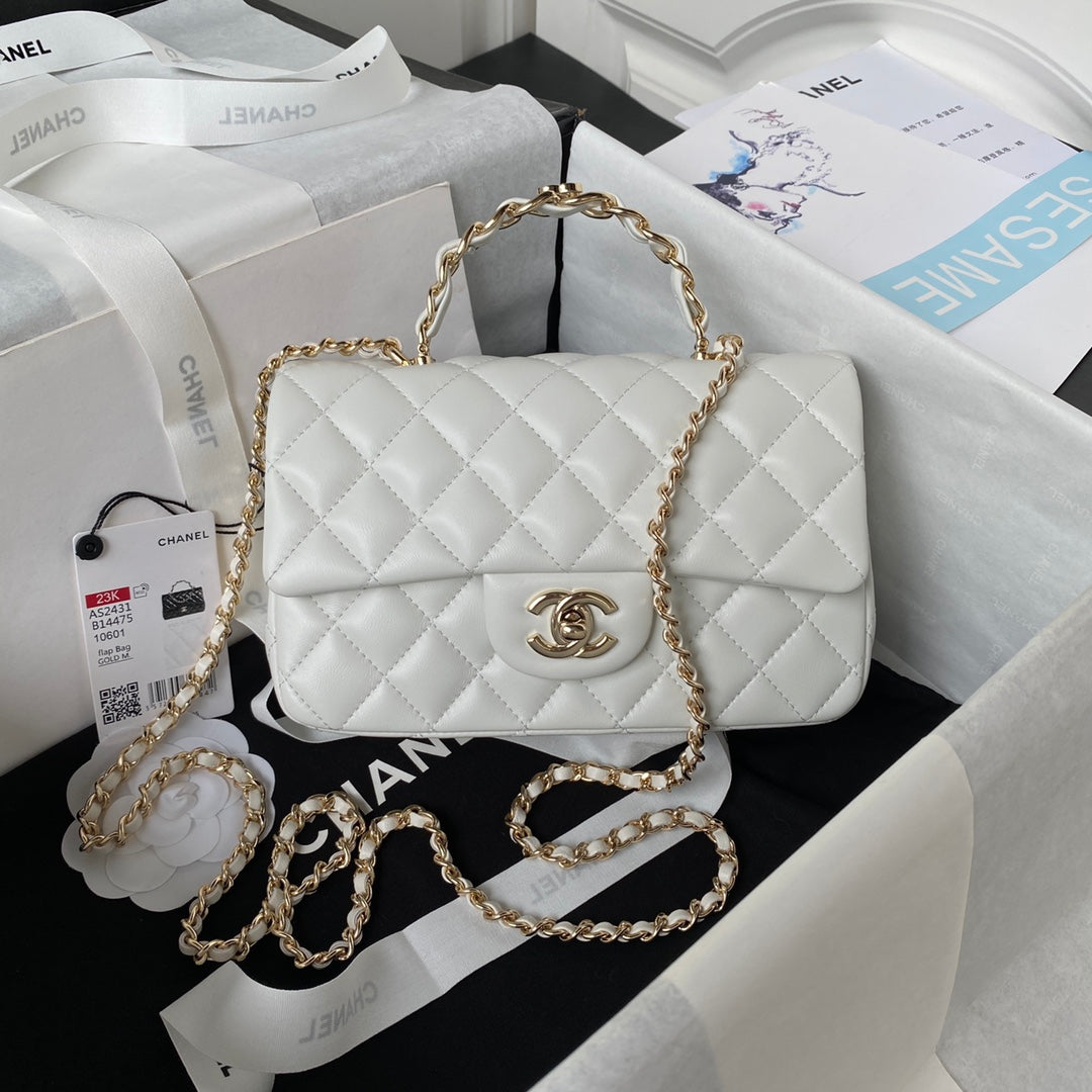 Chanel 23K AS2431 Mini flap Lambskin bag with top handle Whtie - Default Title - View 1