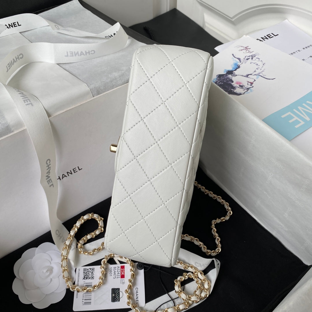 Chanel 23K AS2431 Mini flap Lambskin bag with top handle Whtie