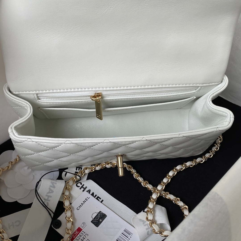 Chanel 23K AS2431 Mini flap Lambskin bag with top handle Whtie