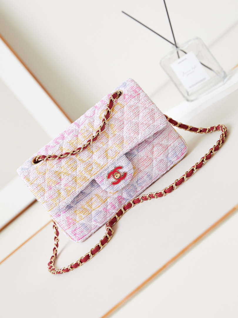 Chanel 24C A01113 Flap Handbag Classic Bag Cotton Tweed A69900 Pink and White