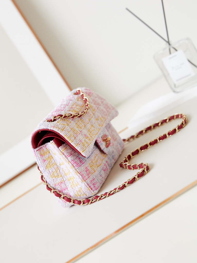 Chanel 24C A01113 Flap Handbag Classic Bag Cotton Tweed A69900 Pink and White - Default Title - View 3