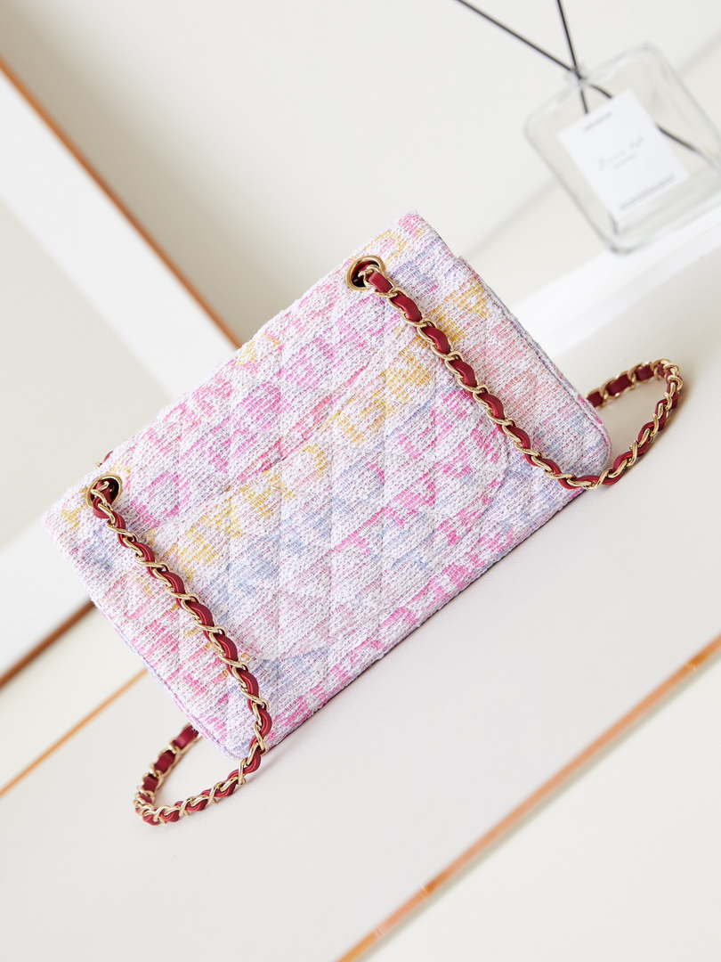 Chanel 24C A01113 Flap Handbag Classic Bag Cotton Tweed A69900 Pink and White
