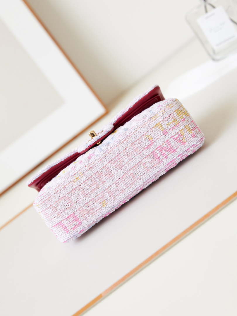Chanel 24C A01113 Flap Handbag Classic Bag Cotton Tweed A69900 Pink and White