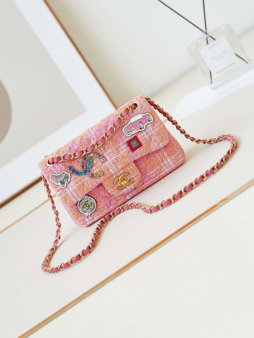 Chanel 24C A01113 Flap Handbag Classic Bag Woolen A69900 Orange & Pink - Default Title - View 1