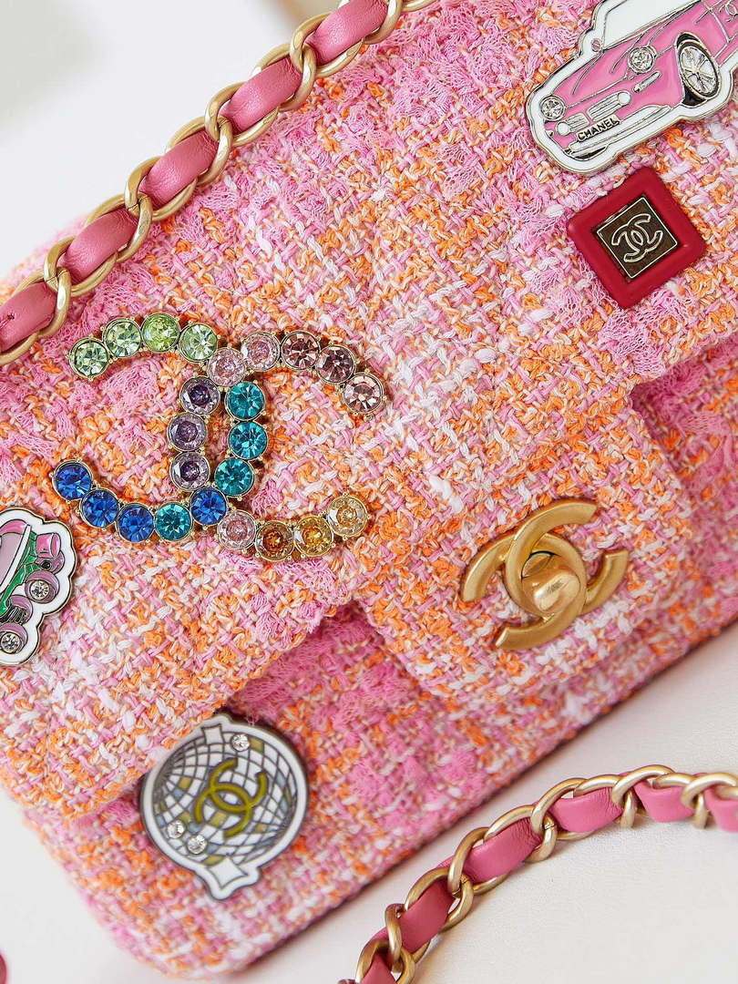Chanel 24C A01113 Flap Handbag Classic Bag Woolen A69900 Orange & Pink