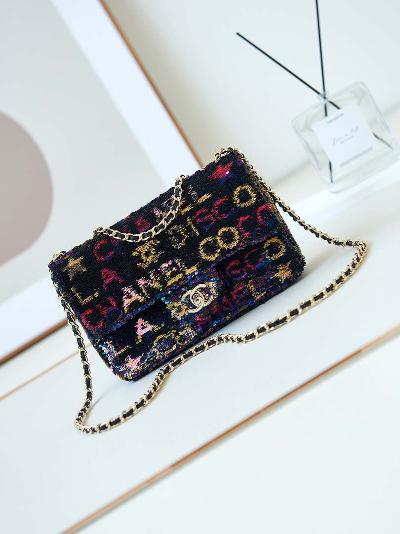 Chanel 24C AS4561 Flap Bag Sequins Gold-Tone Metal Black & Multicolor - Default Title - View 1