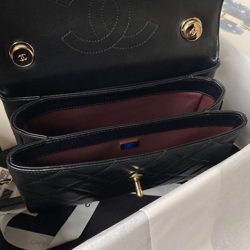 Chanel 24C Trendy CC Flap Bag With Top Handle Lambskin bag A92236 Black Gold