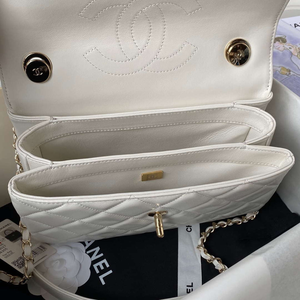 Chanel Trendy 24C Flap Bag With Top Handle Lambskin bag A92236 White Gold
