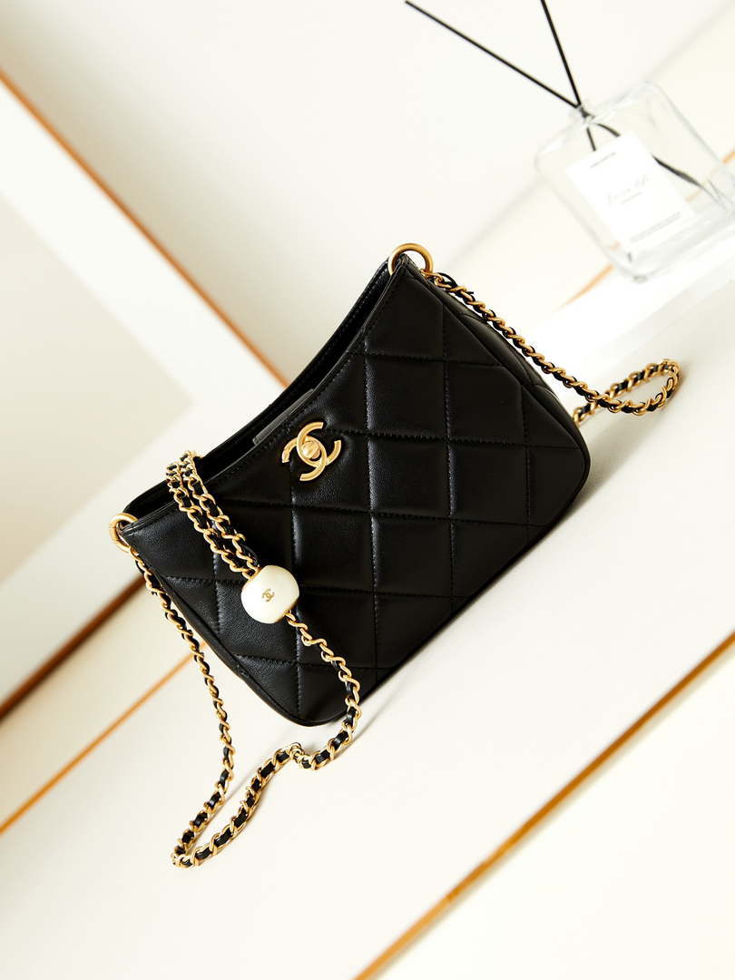 Chanel 24S AS4859 Hobo Bag Lambskin & Gold-Tone Metal Pearl Black - Default Title - View 1