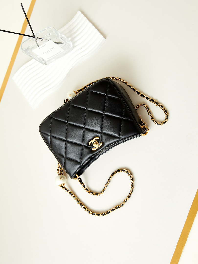 Chanel 24S AS4859 Hobo Bag Lambskin & Gold-Tone Metal Pearl Black - Default Title - View 7