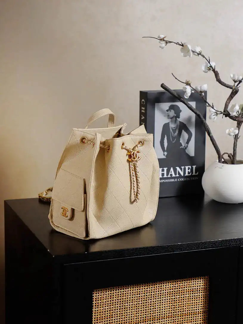 Chanel 25 AS5600 Medium Backpack Grained Calfskin & Gold-Tone Metal Apricot