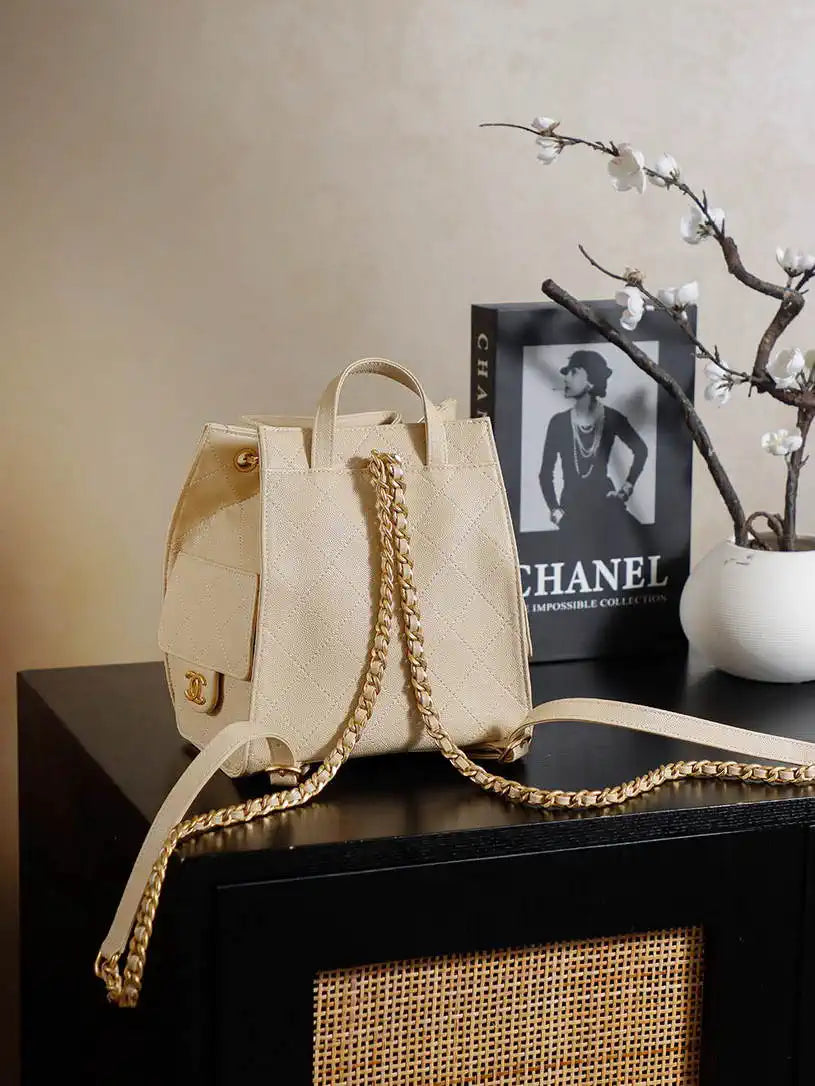 Chanel 25 AS5600 Medium Backpack Grained Calfskin & Gold-Tone Metal Apricot