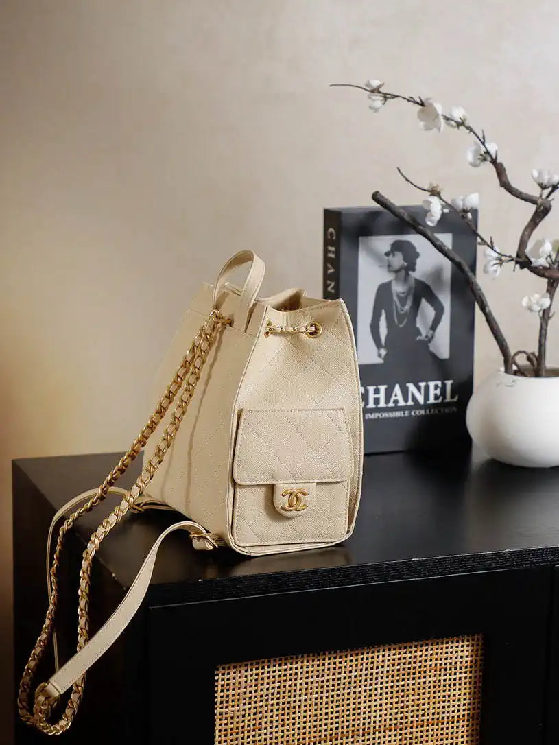 Chanel 25 AS5600 Medium Backpack Grained Calfskin & Gold-Tone Metal Apricot