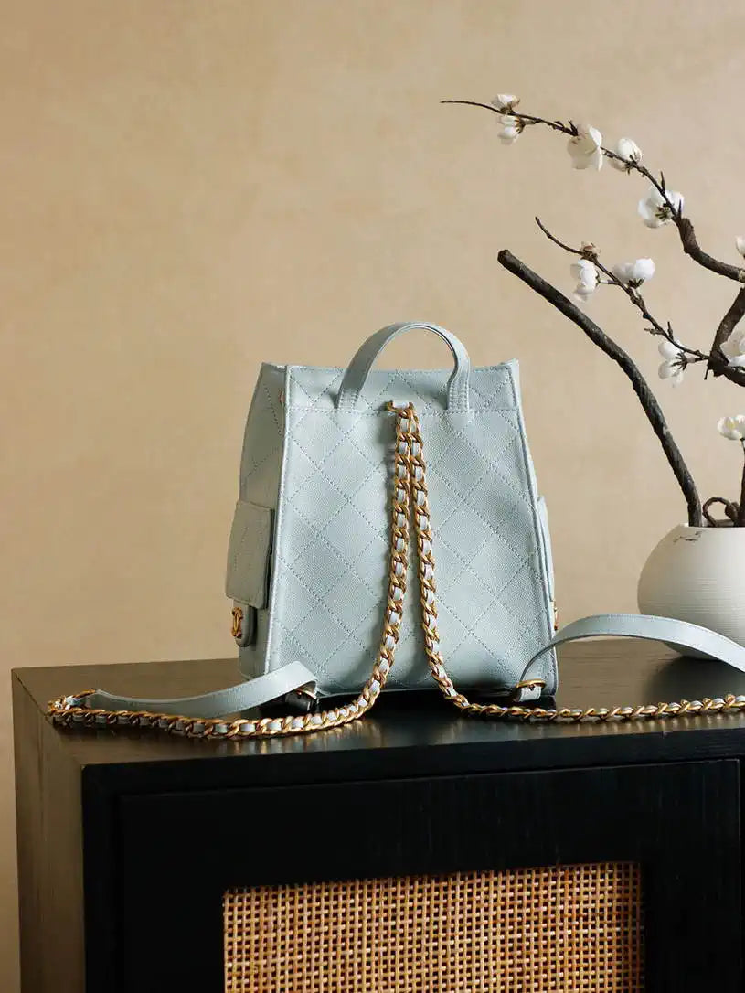 Chanel 25 AS5600 Medium Backpack Grained Calfskin & Gold-Tone Metal Blue
