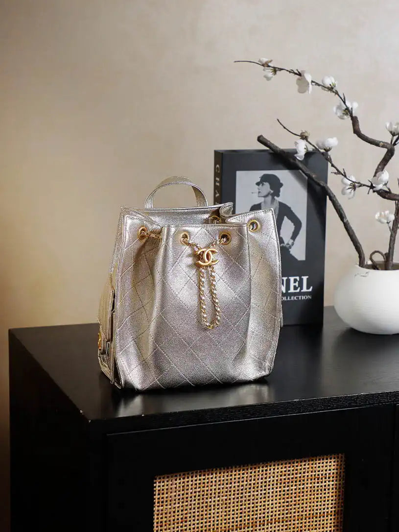 Chanel 25 AS5600 Medium Backpack Grained Calfskin & Gold-Tone Metal Champagne Gold