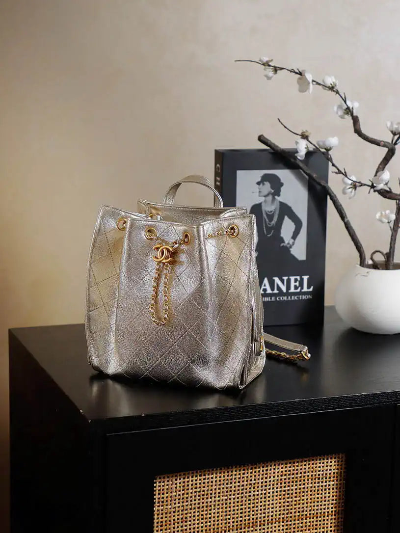 Chanel 25 AS5600 Medium Backpack Grained Calfskin & Gold-Tone Metal Champagne Gold