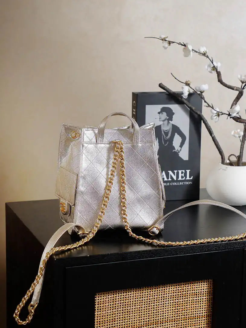 Chanel 25 AS5600 Medium Backpack Grained Calfskin & Gold-Tone Metal Champagne Gold