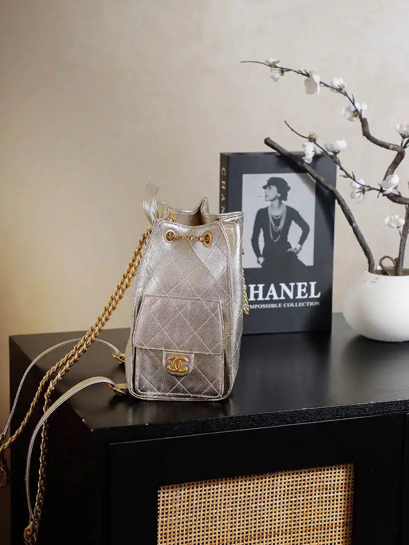 Chanel 25 AS5600 Medium Backpack Grained Calfskin & Gold-Tone Metal Champagne Gold