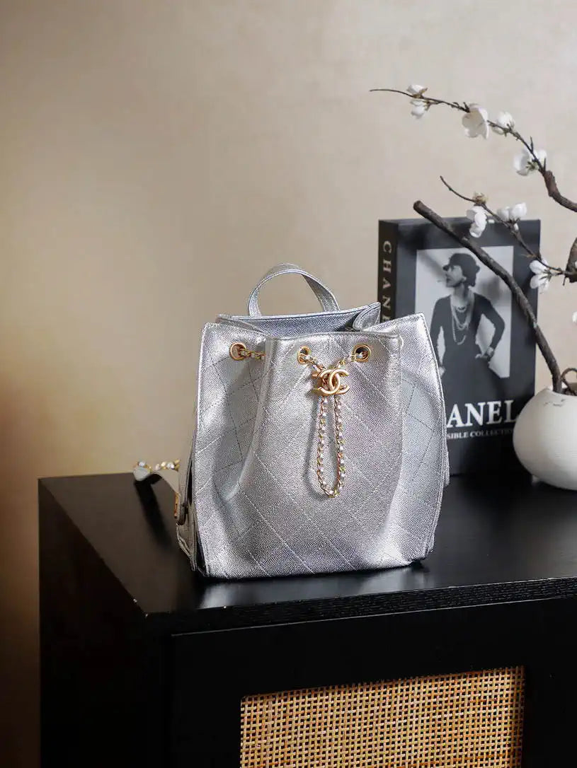 Chanel 25 AS5600 Medium Backpack Grained Calfskin & Gold-Tone Metal Silver