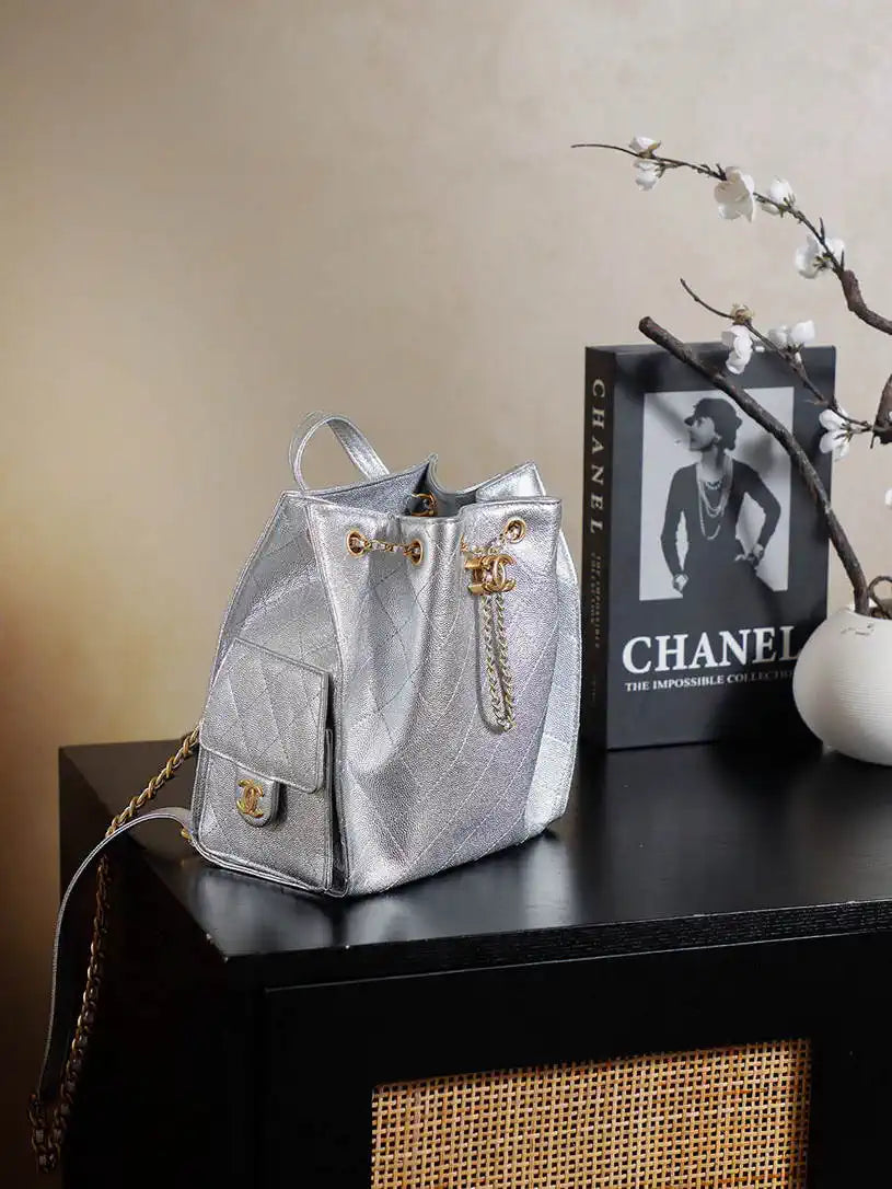 Chanel 25 AS5600 Medium Backpack Grained Calfskin & Gold-Tone Metal Silver
