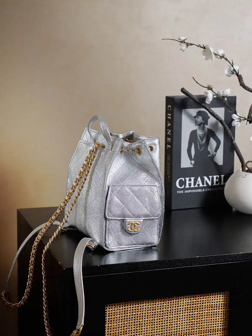 Chanel 25 AS5600 Medium Backpack Grained Calfskin & Gold-Tone Metal Silver