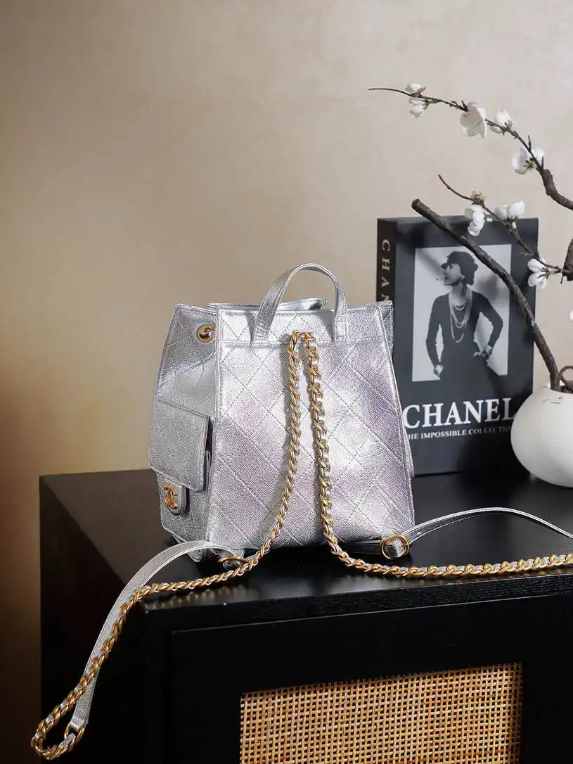 Chanel 25 AS5600 Medium Backpack Grained Calfskin & Gold-Tone Metal Silver