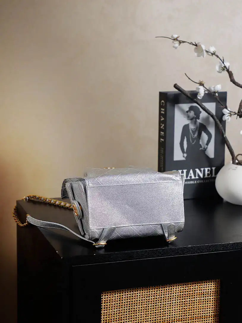 Chanel 25 AS5600 Medium Backpack Grained Calfskin & Gold-Tone Metal Silver