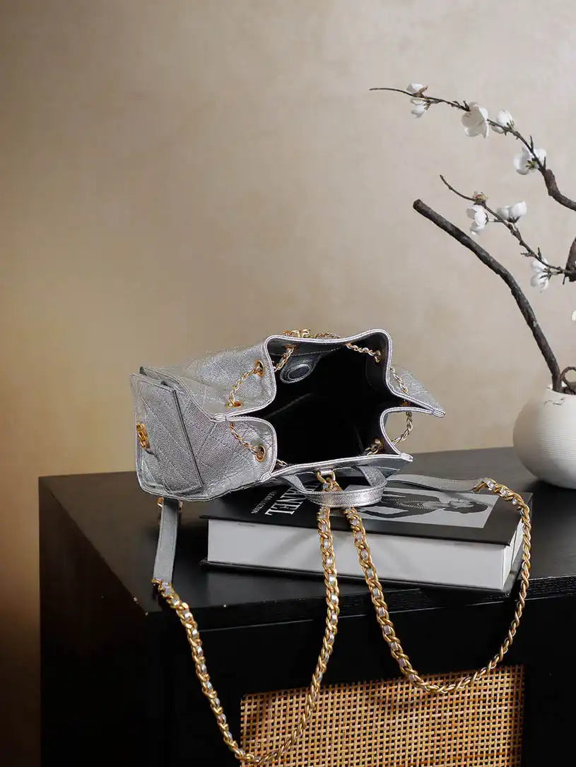 Chanel 25 AS5600 Medium Backpack Grained Calfskin & Gold-Tone Metal Silver