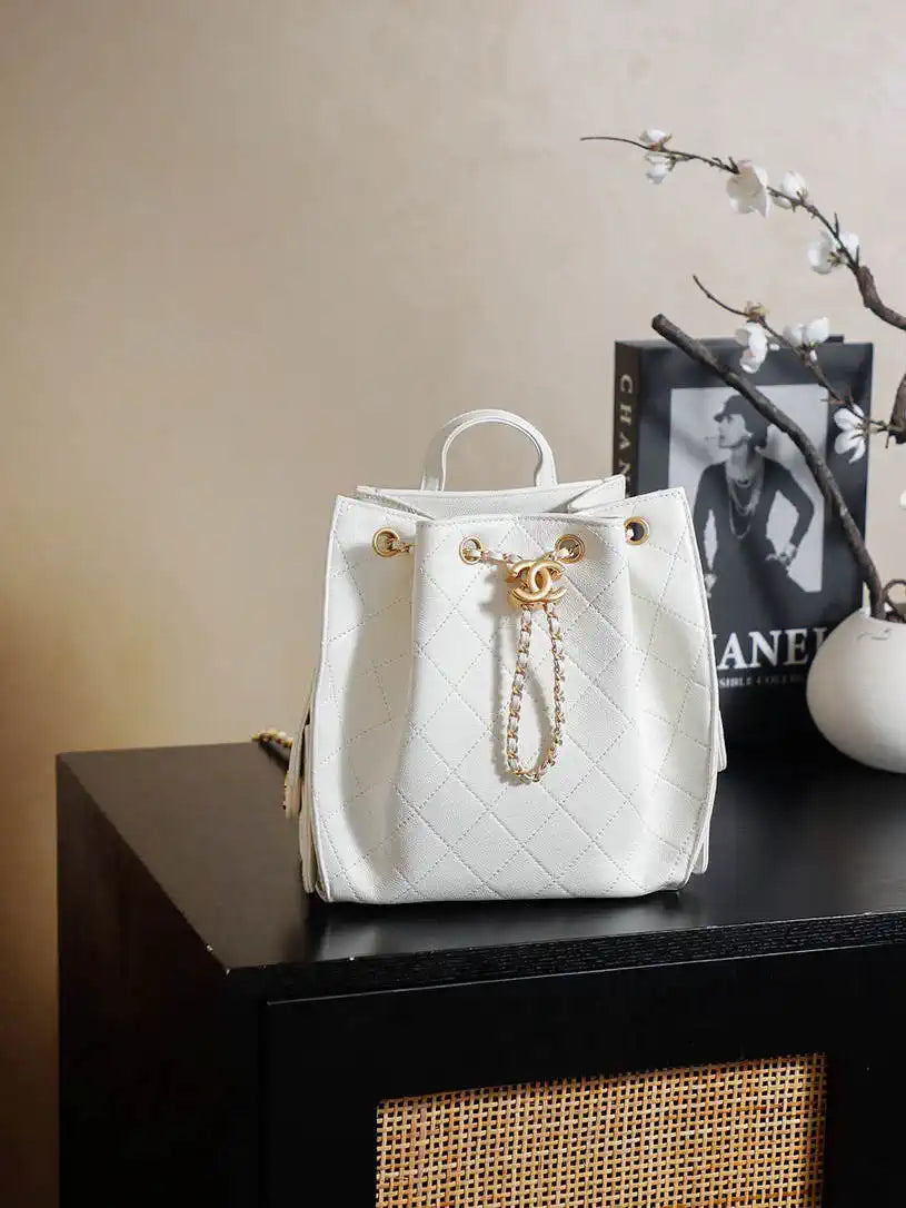 Chanel 25 AS5600 Medium Backpack Grained Calfskin & Gold-Tone Metal White