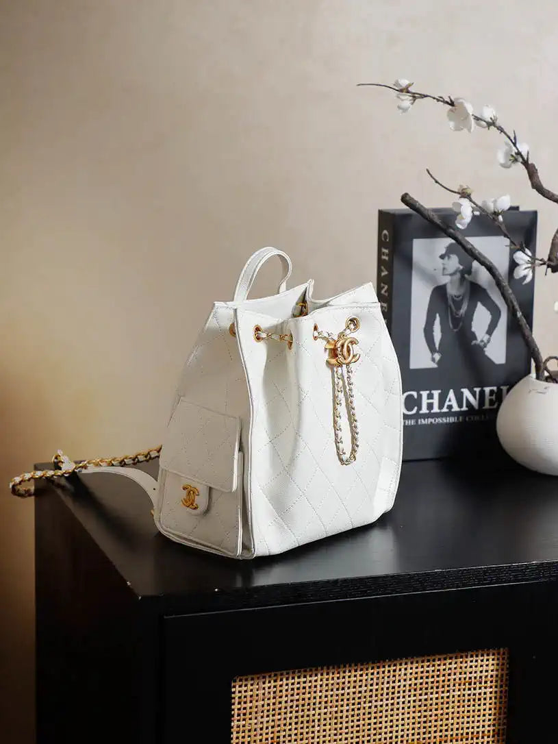Chanel 25 AS5600 Medium Backpack Grained Calfskin & Gold-Tone Metal White